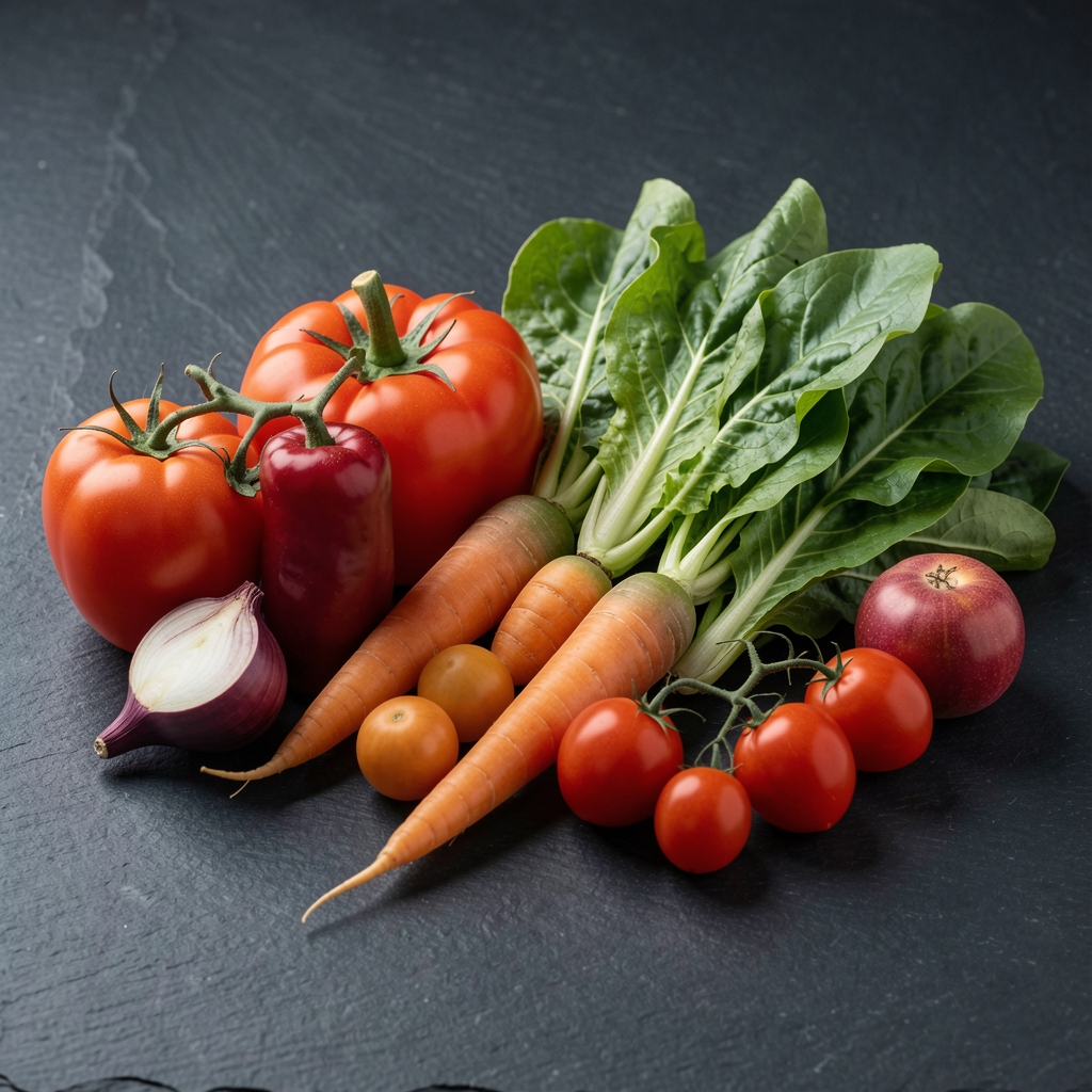 Whole vegetables and leafy greens arranged on a dark slate surface, editorial composition
